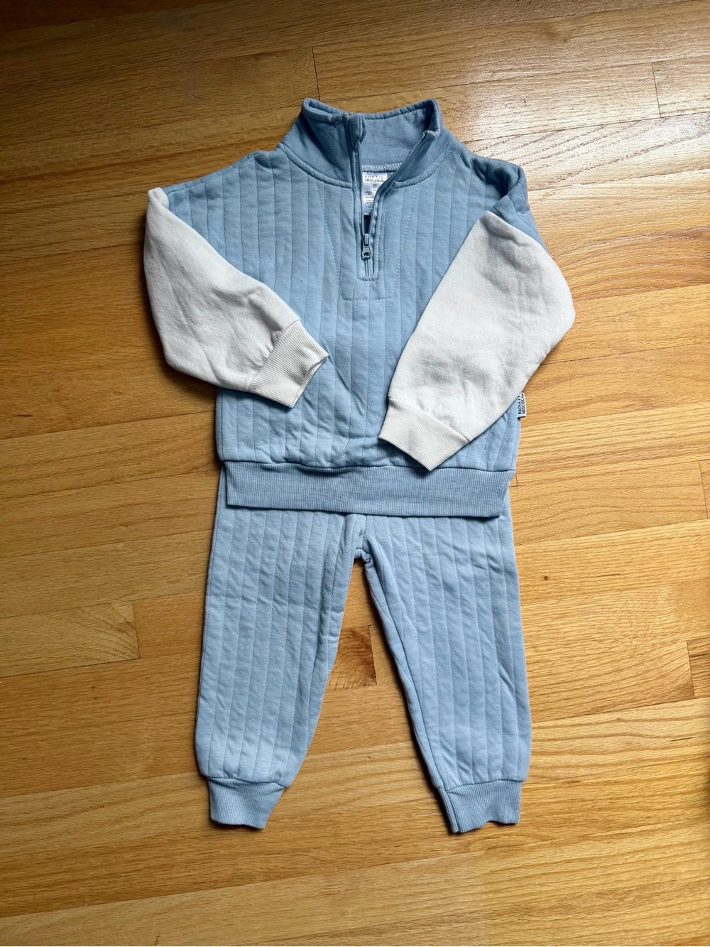 Badgley Mischka Light Blue Quilted Sweatshirt & Jogger Set with Cream Sleeves